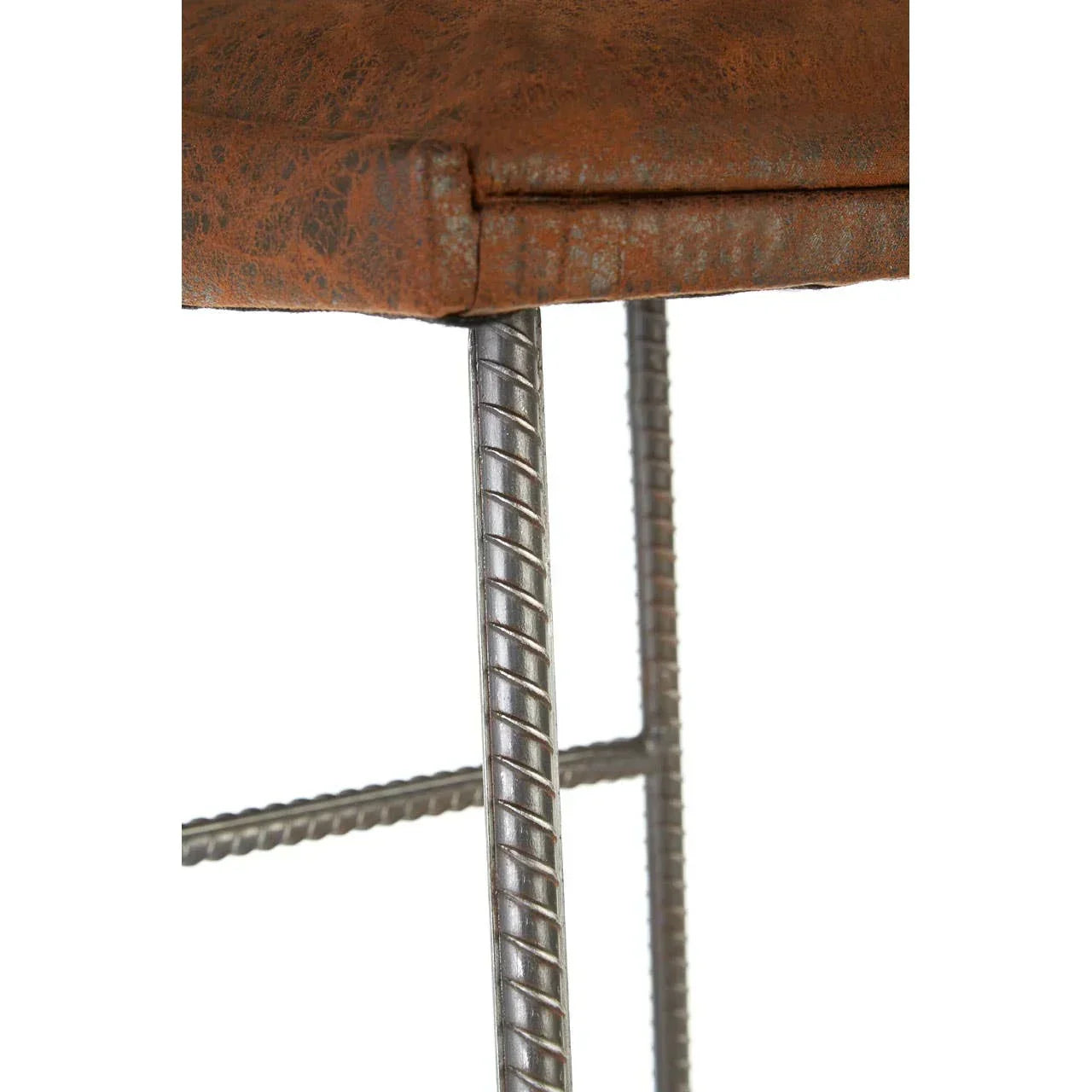 Brown bar stool seat with textured steel legs, industrial style close-up view