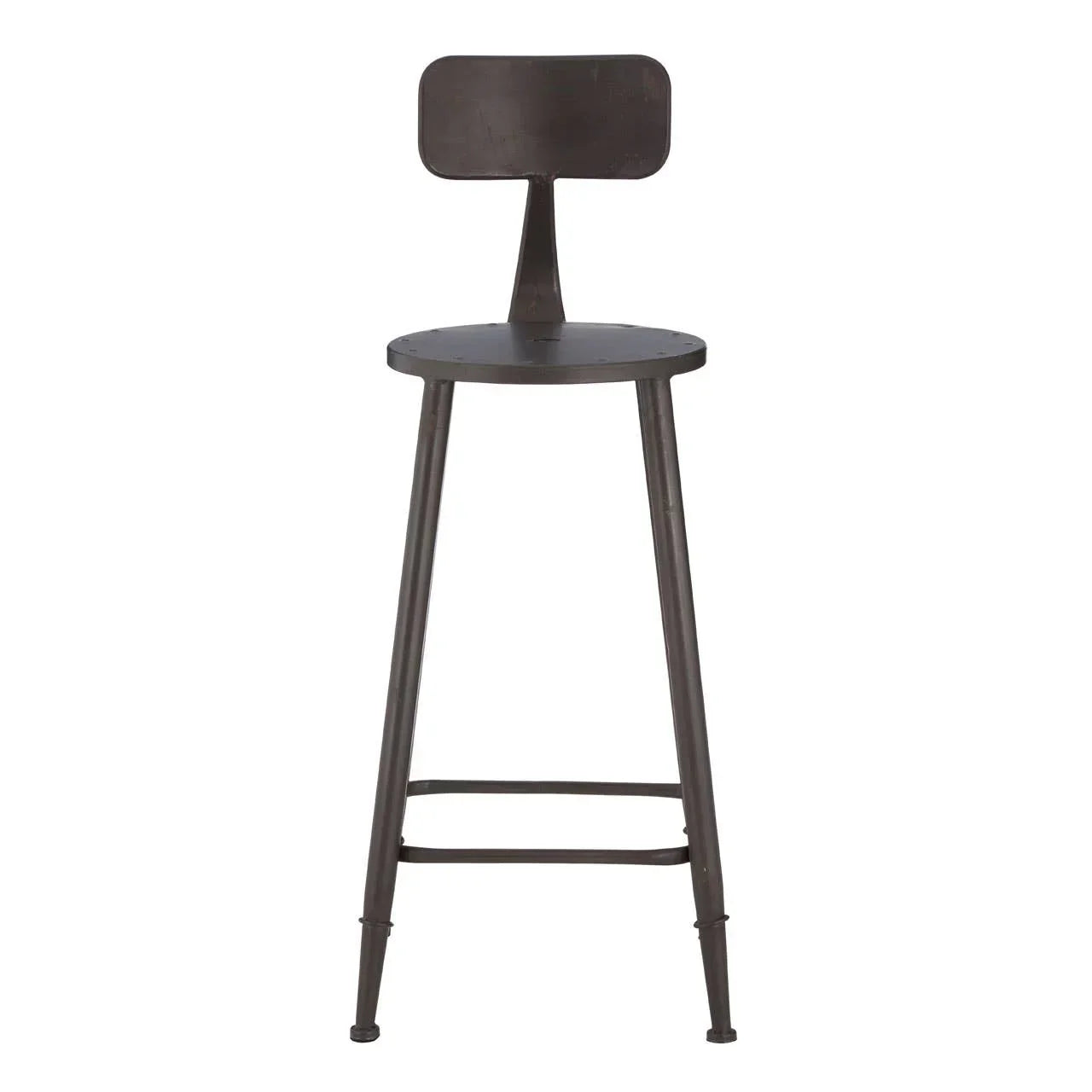 Black metal bar stool with rectangular backrest and round seat on white background