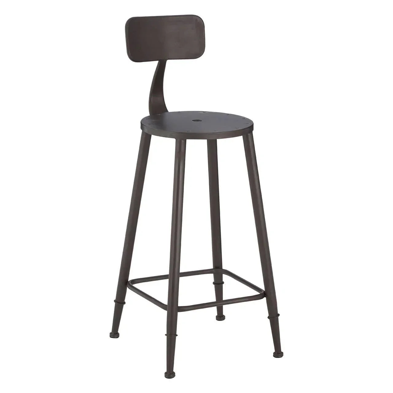 Black metal bar stool with backrest and four legs, angled front view