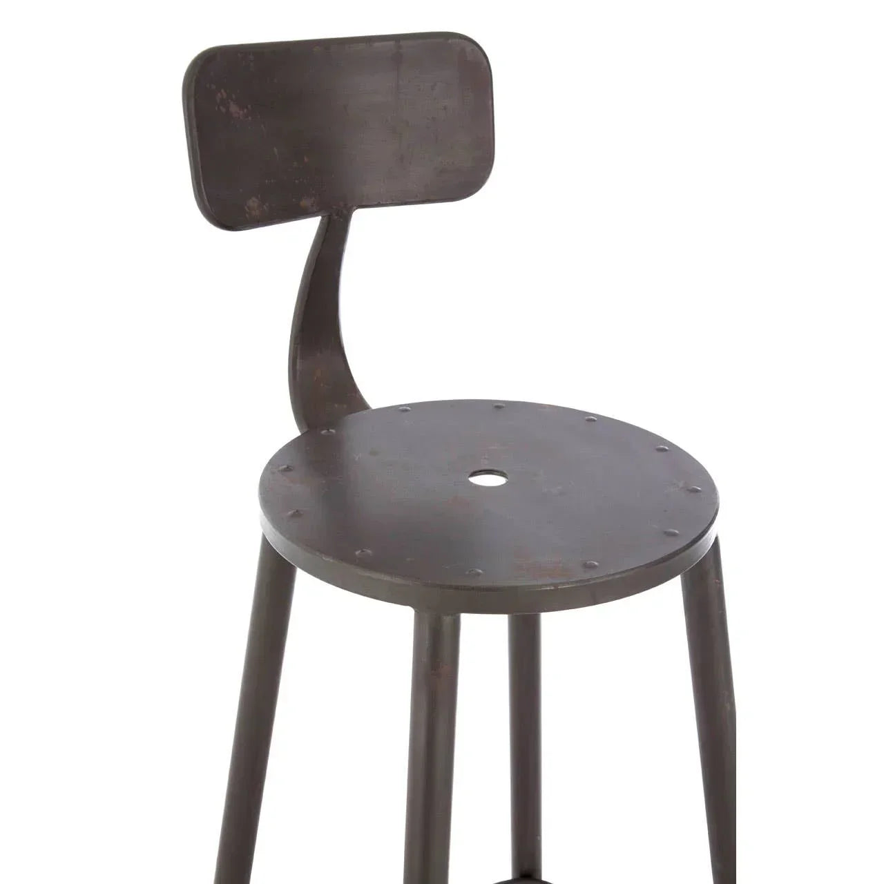 Industrial metal bar stool with circular seat and rectangular backrest