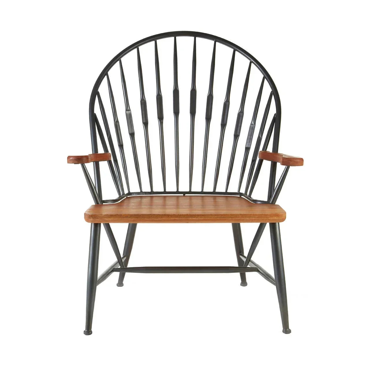 Black metal armchair with curved backrest and wooden seat