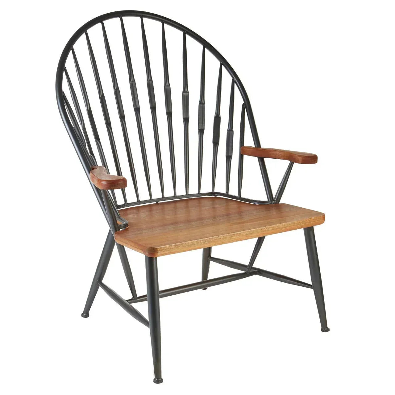 Wood and metal accent chair with curved high spindle back and armrests