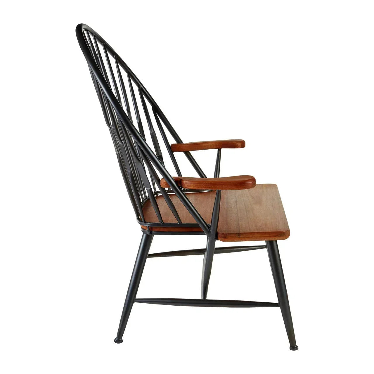 Side view of wooden seat accent chair with black metal spindles and armrests