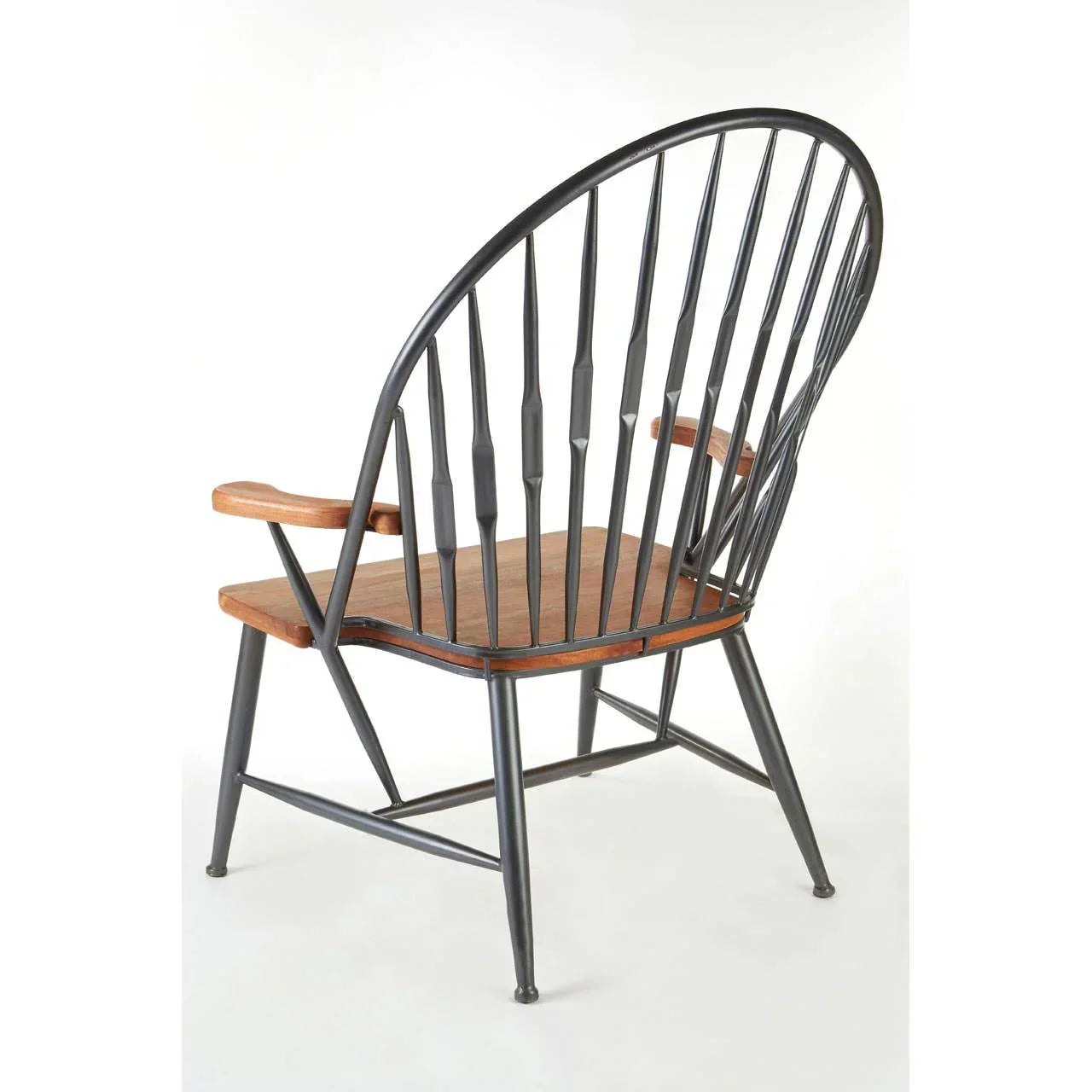 Windsor armchair with black metal frame and wooden seat, rear angle view