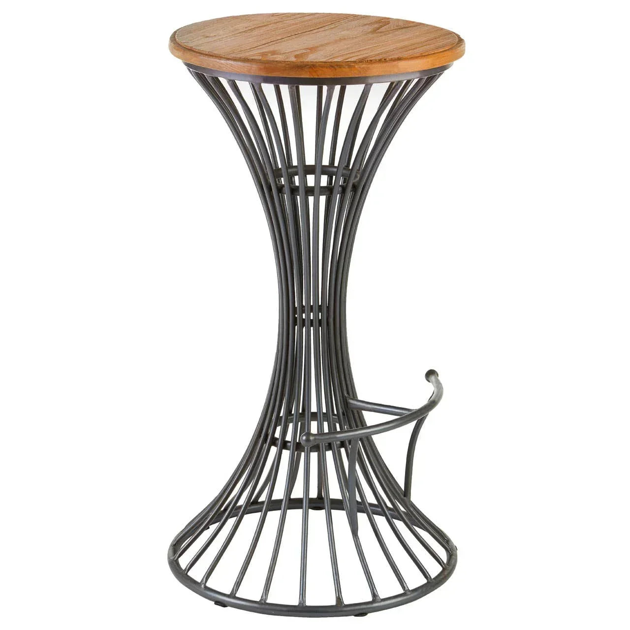 Round bar stool with wooden seat and black metal wire frame, front angle view