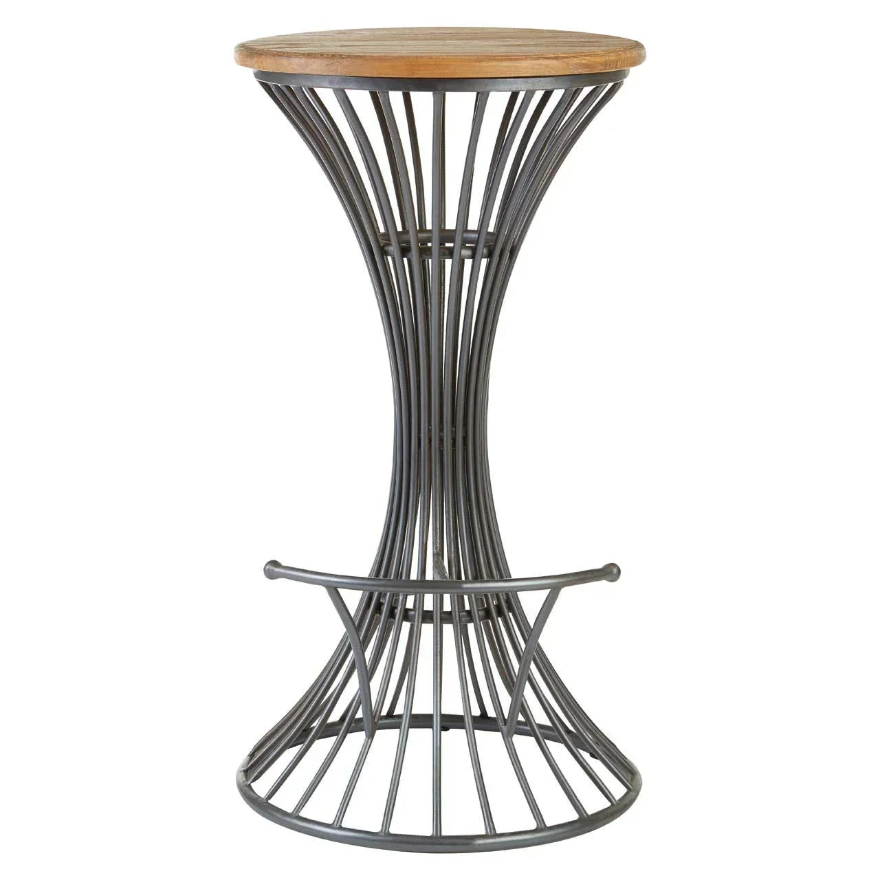 Industrial bar stool with round wooden seat and curved metal frame base