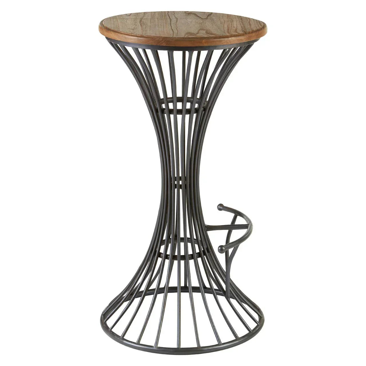 Round bar table with metal wire base and wooden top, front angle view