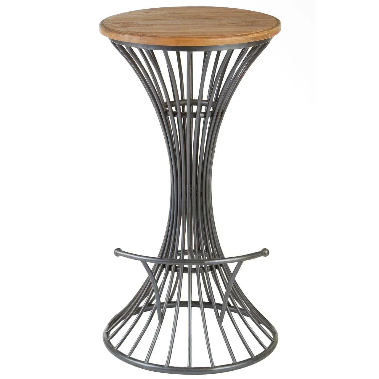 Round bar table with natural wood top and black metal wire base