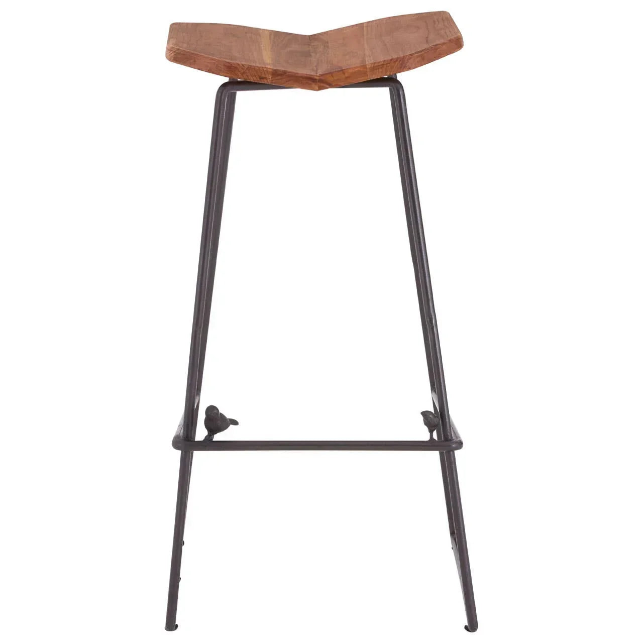 Wooden bar stool with angled seat and black metal legs featuring decorative birds on footrest