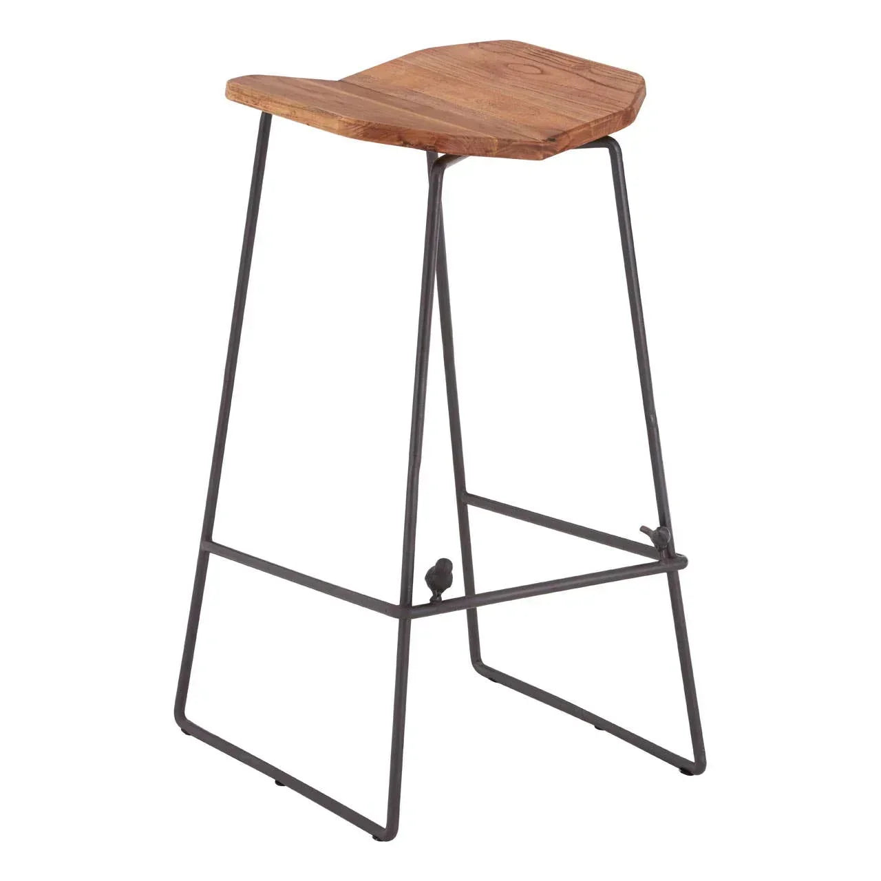 Wooden bar stool with metal frame in modern industrial style, angled front view