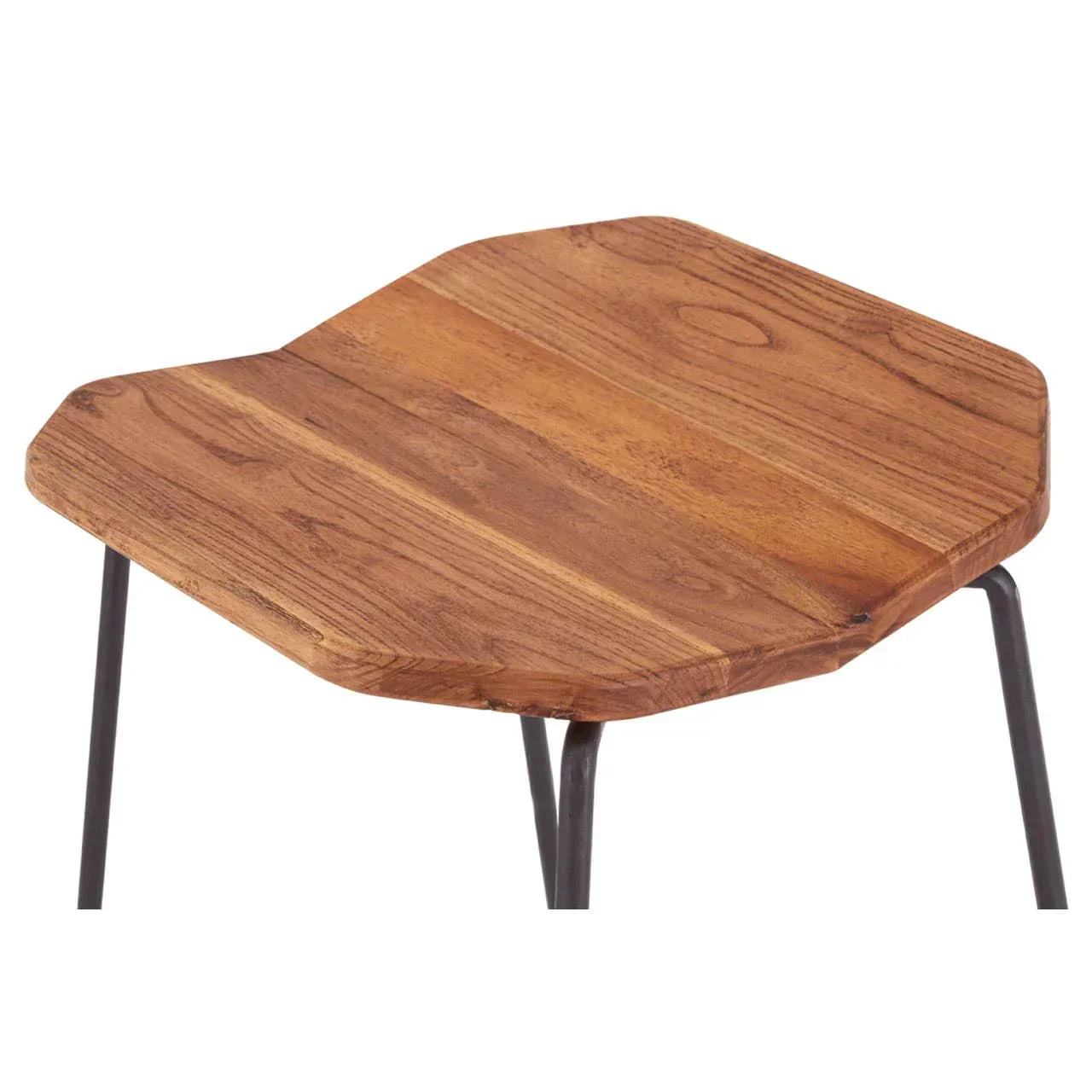 Wooden side table with irregular hexagon top and black metal legs