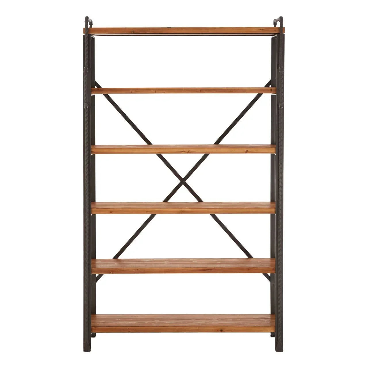 Industrial bookcase with five wooden shelves and black metal frame, front view