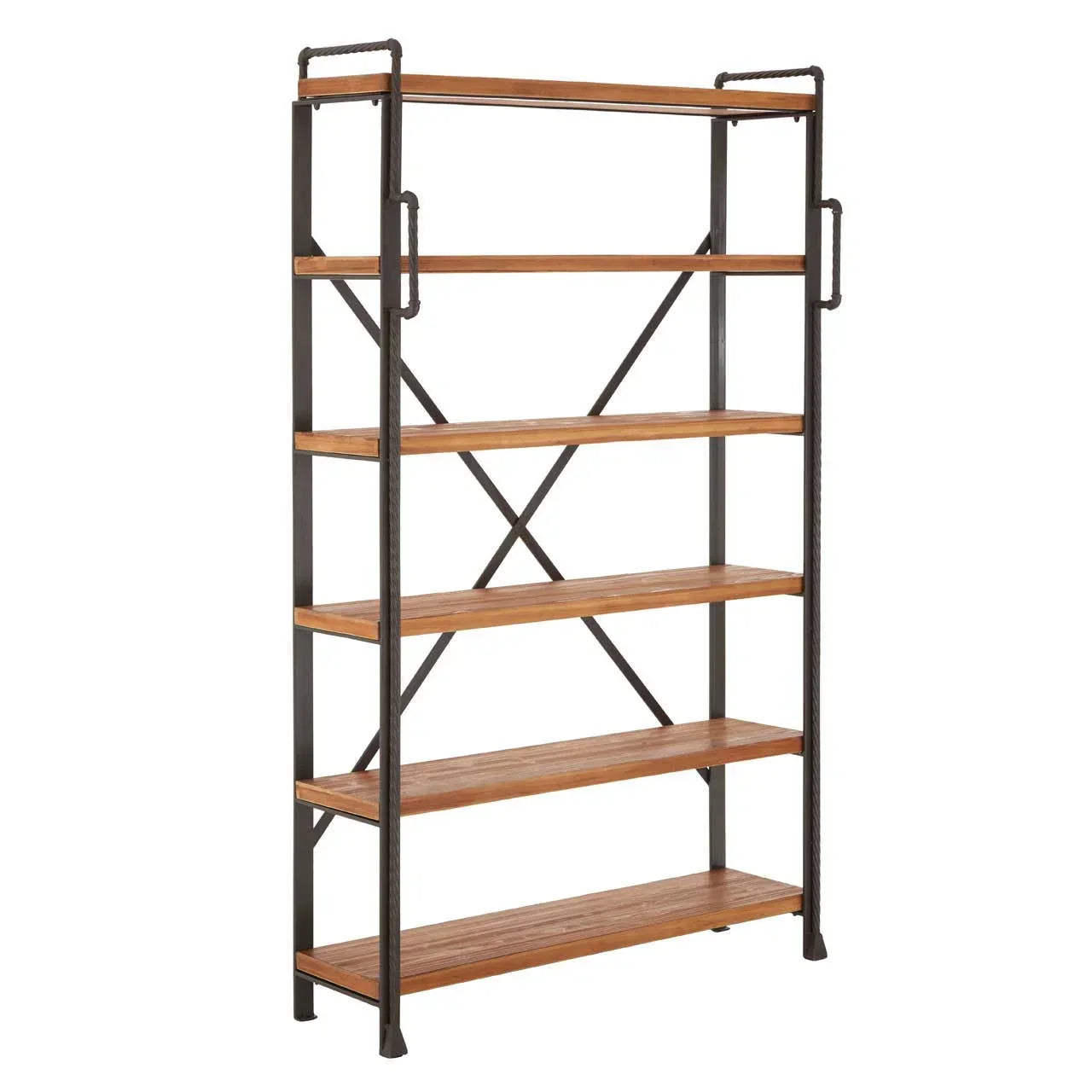 Industrial style shelving unit with wooden shelves and black metal frame, shown angled
