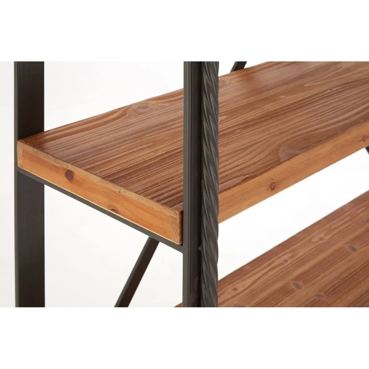 Wooden shelving unit with black metal frame and close-up texture detail