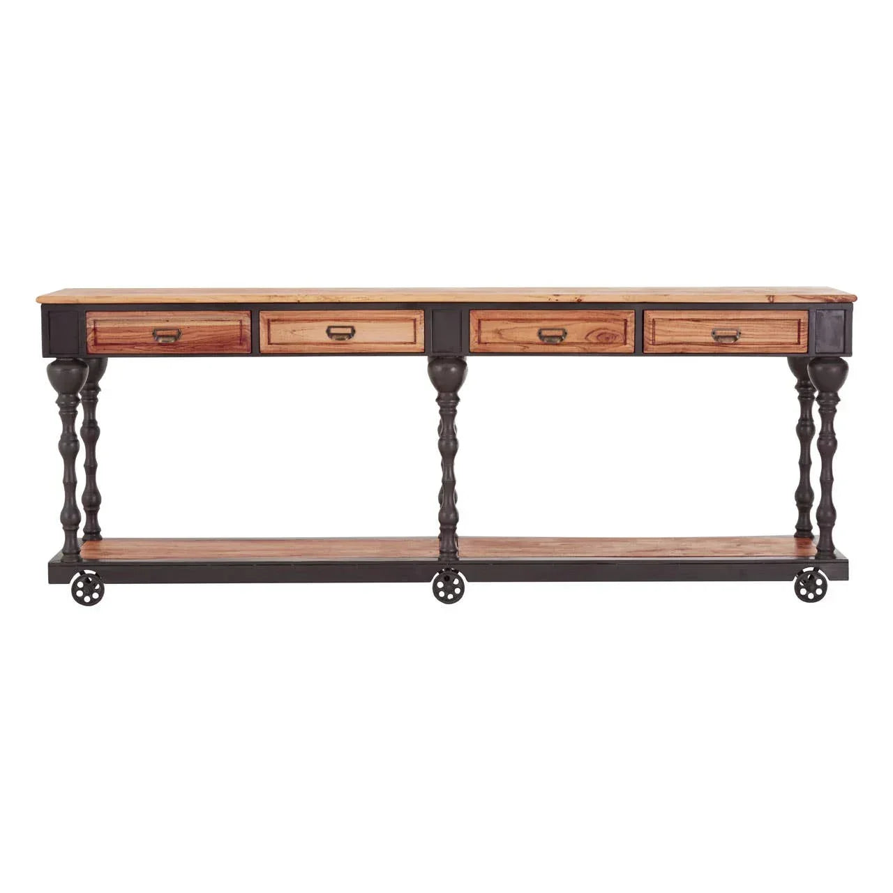 Wood console table with four drawers, lower shelf, spindle legs and metal caster wheels