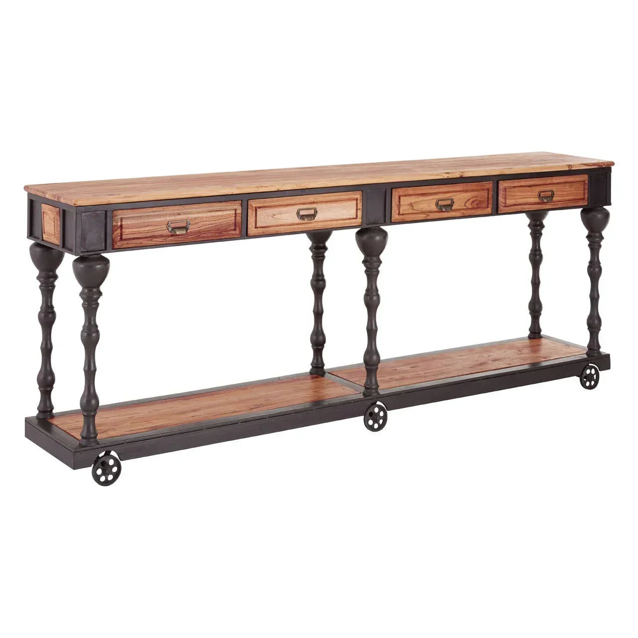 Industrial wood console table with four drawers, black legs and lower shelf on casters