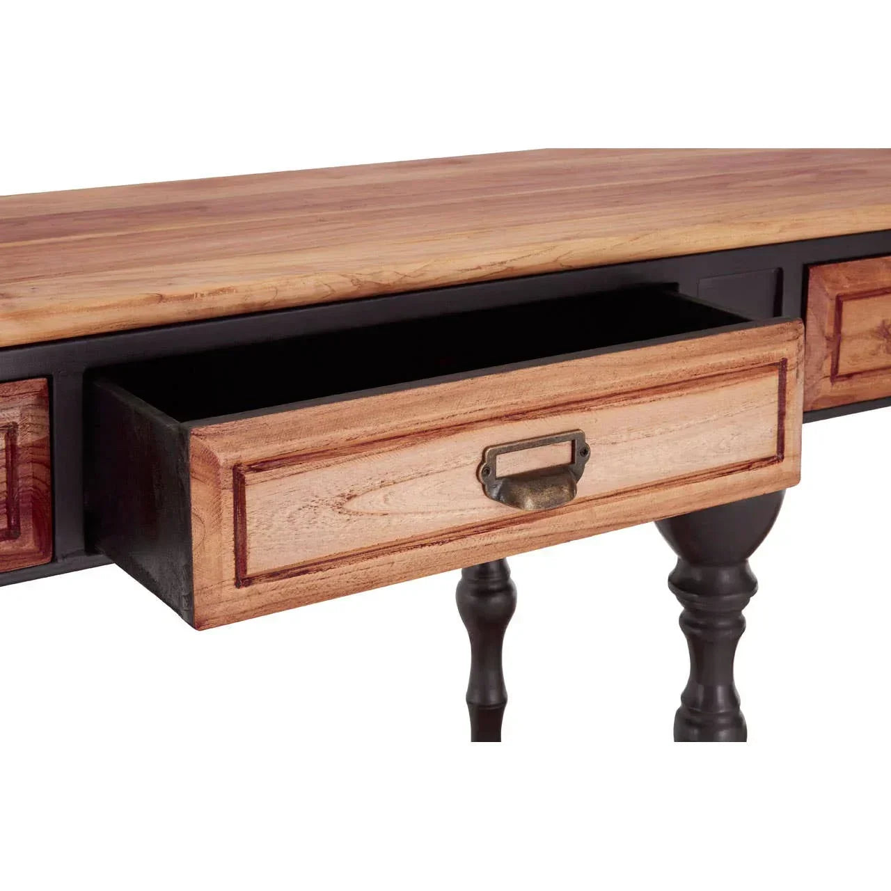 Wooden console table with black legs and open central drawer with metal handle