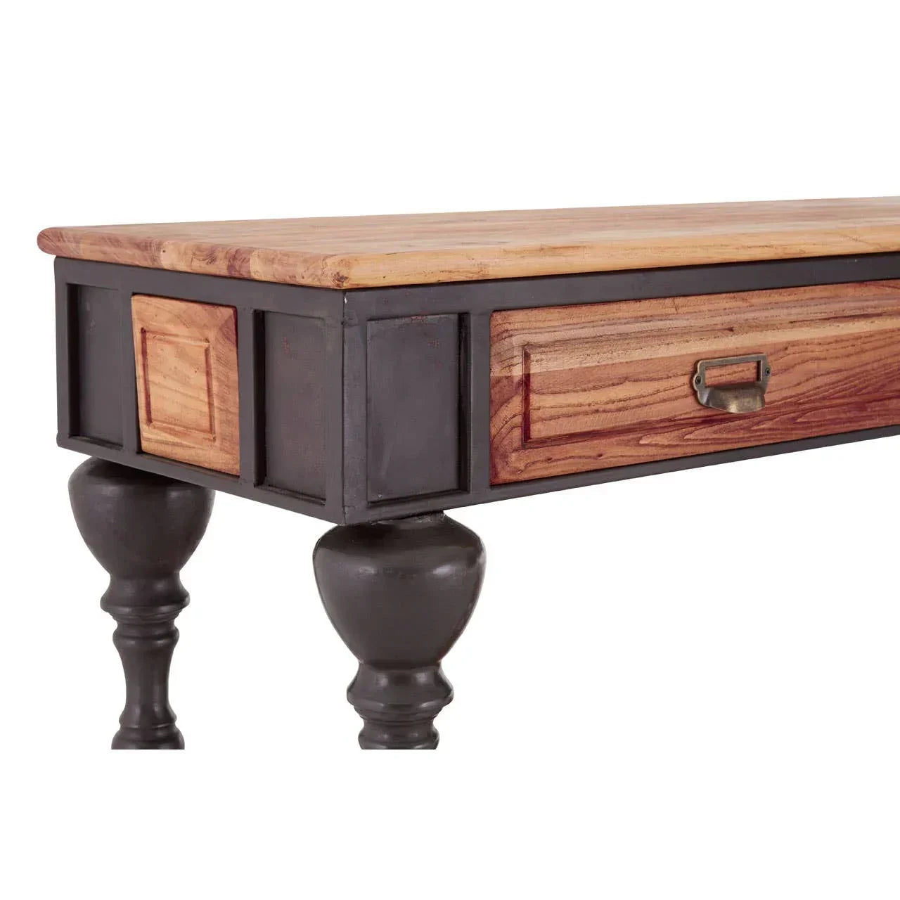 Wooden coffee table with black legs and drawer, rustic industrial finish, side angle view