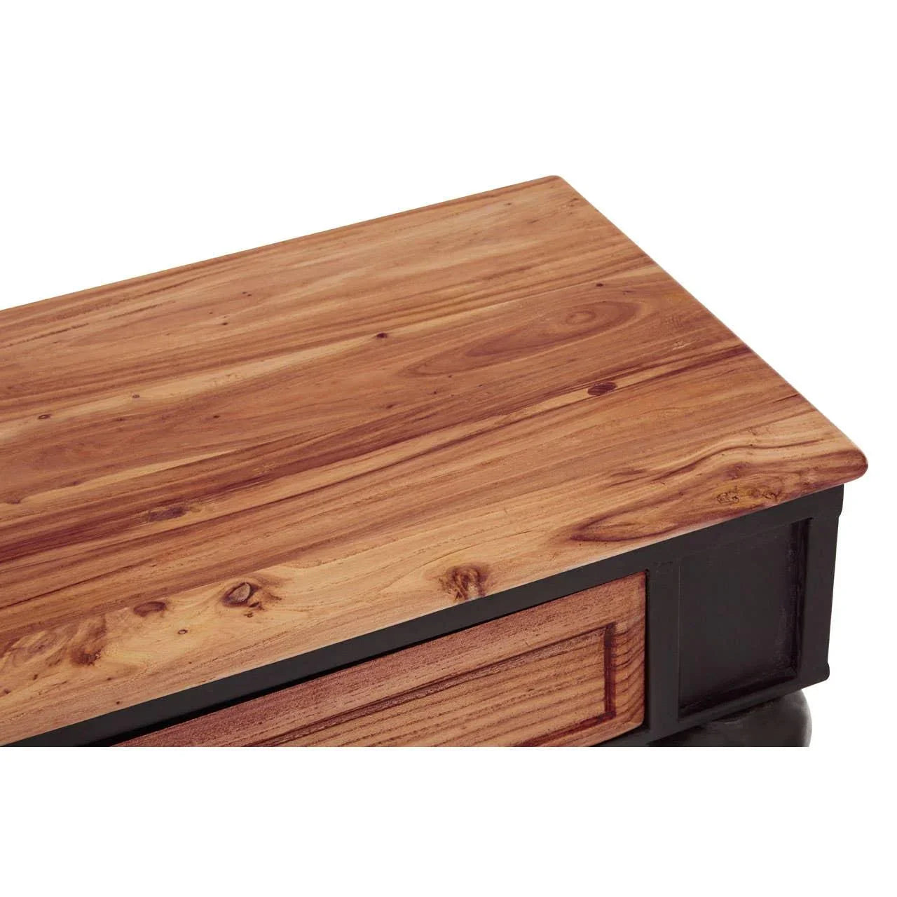 Natural wood coffee table top with visible grain and black painted side frame