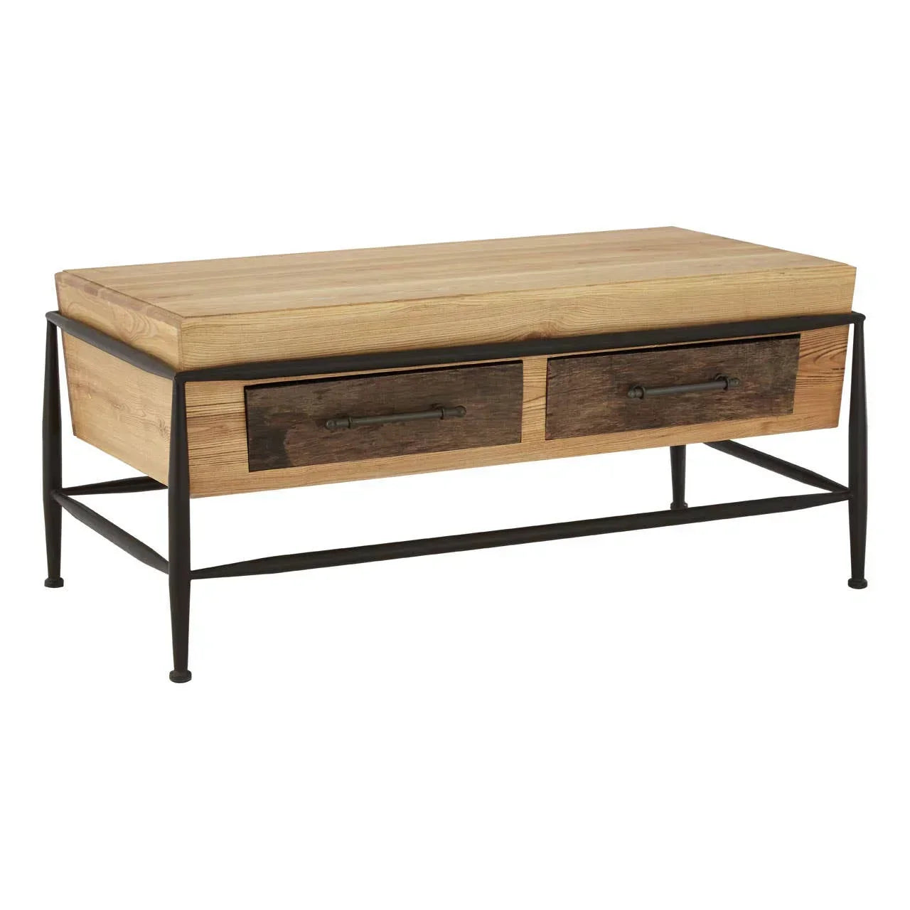 Industrial wooden coffee table with black metal frame and two front drawers