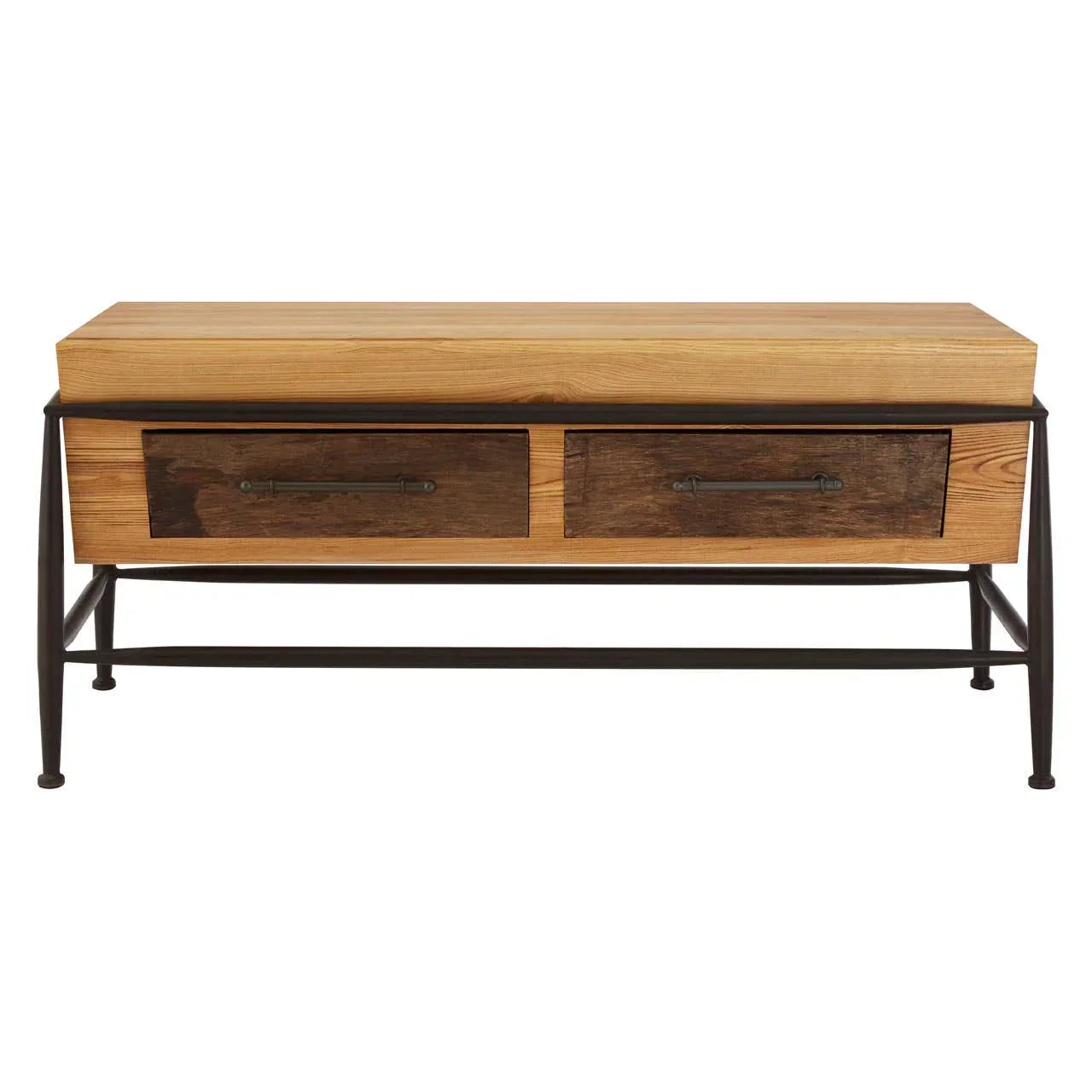 Industrial style coffee table with metal frame and wood top featuring two front drawers