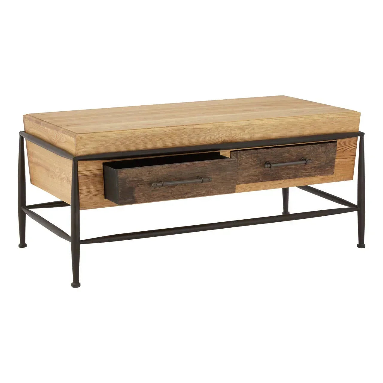 Wood and metal coffee table with two storage drawers and black metal frame