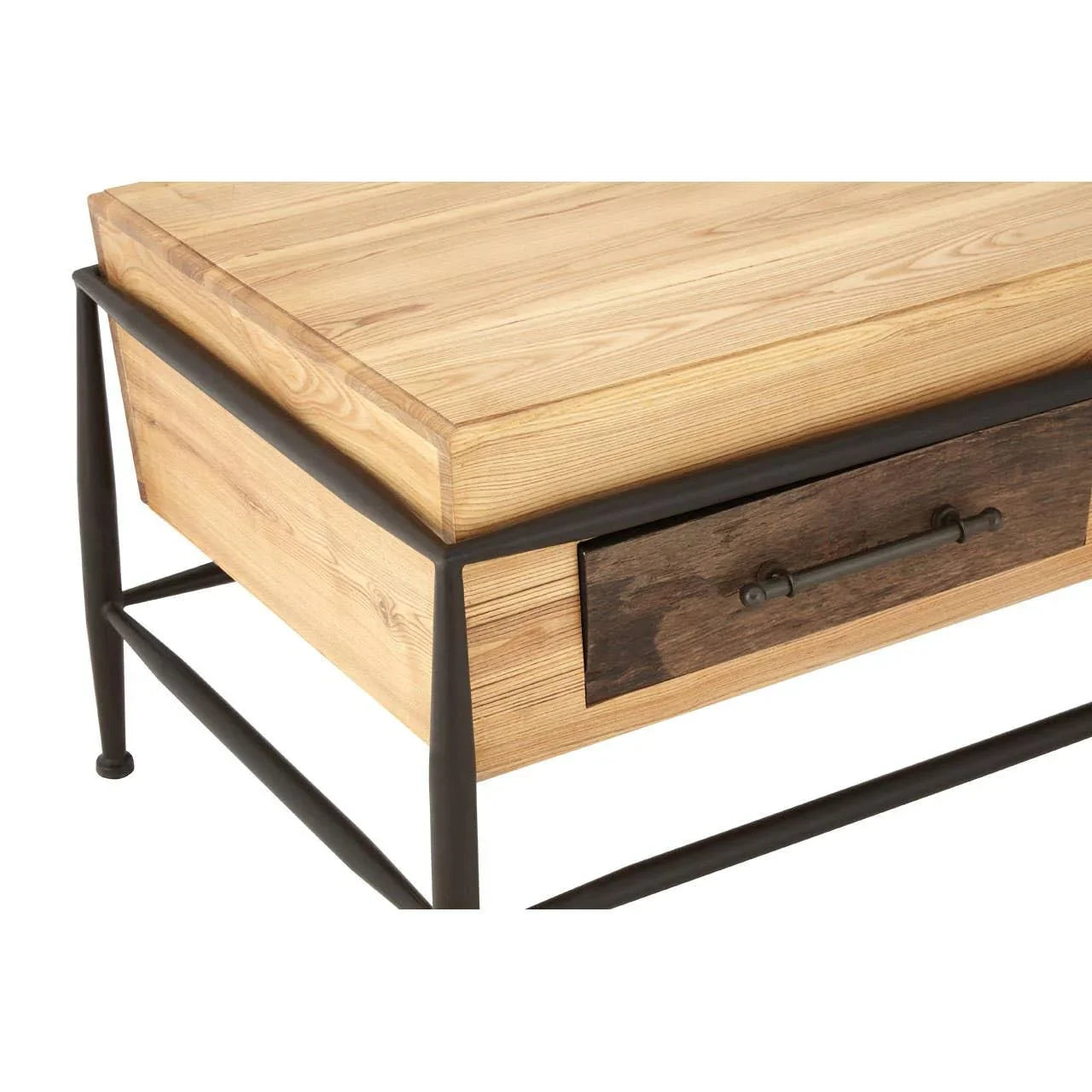 Wooden coffee table with metal frame and single dark wood drawer, close-up view