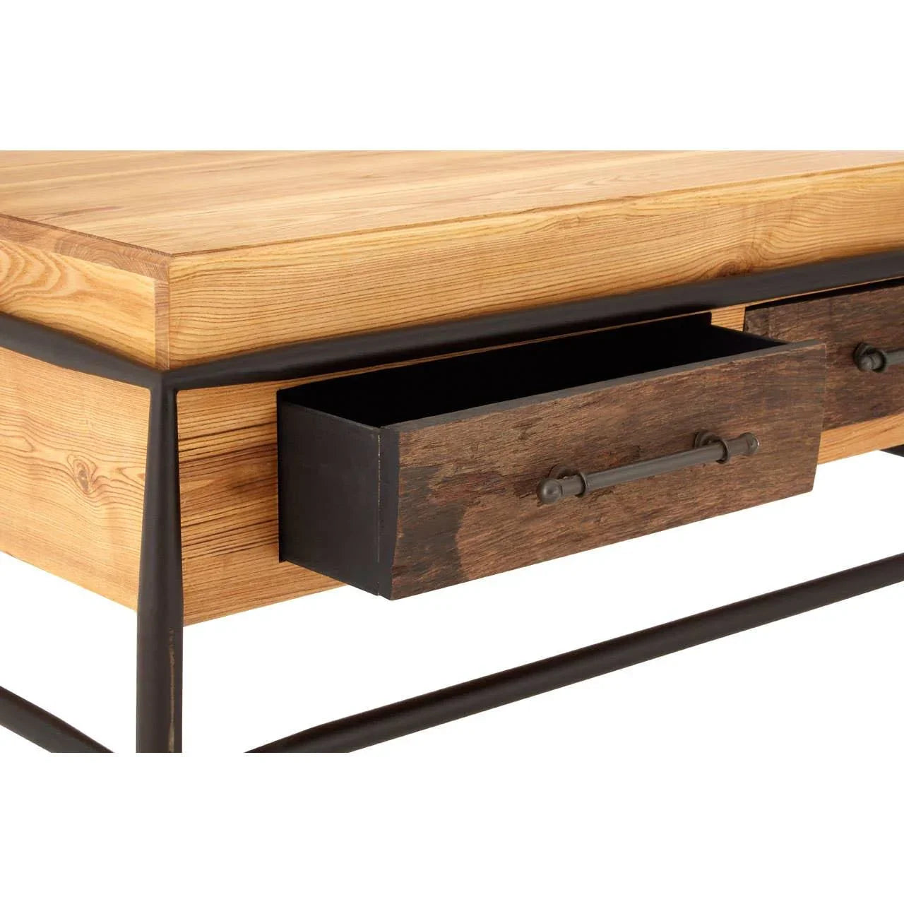 Wooden coffee table with metal frame and open rustic storage drawer, close-up view