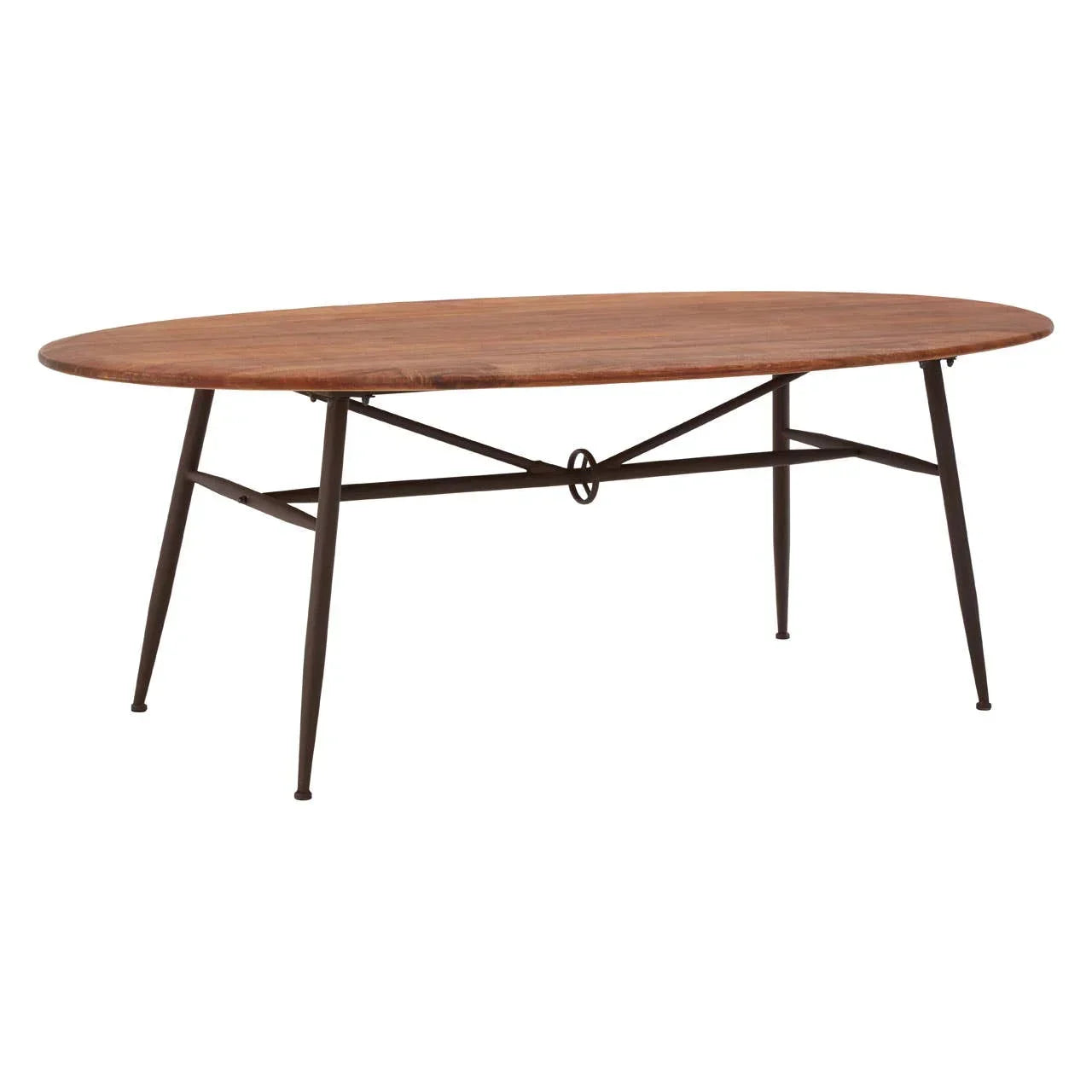 Oval wooden dining table with metal legs and crossbar detail, isolated on white background