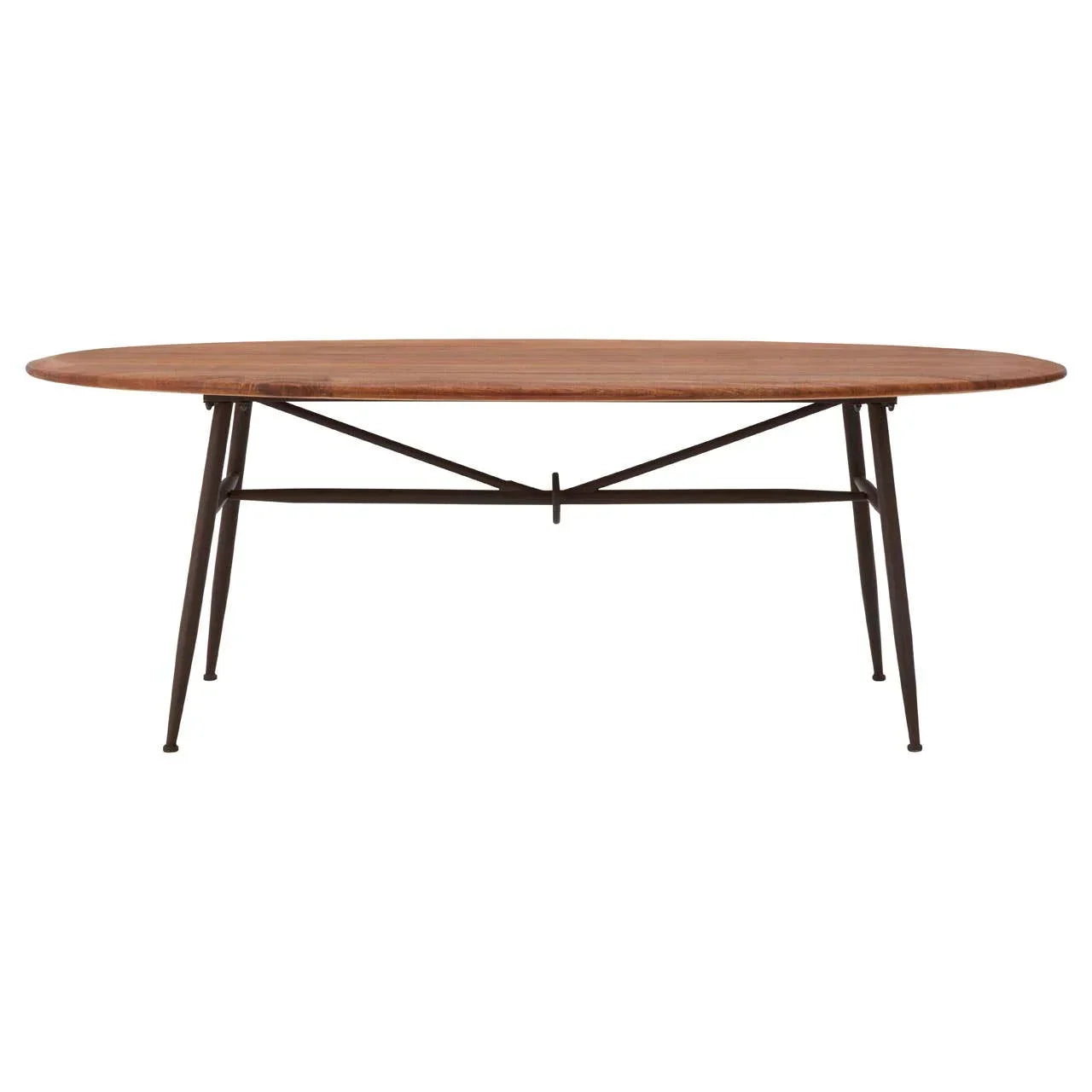 Oval wooden dining table with metal legs and simple crossbar support, front view