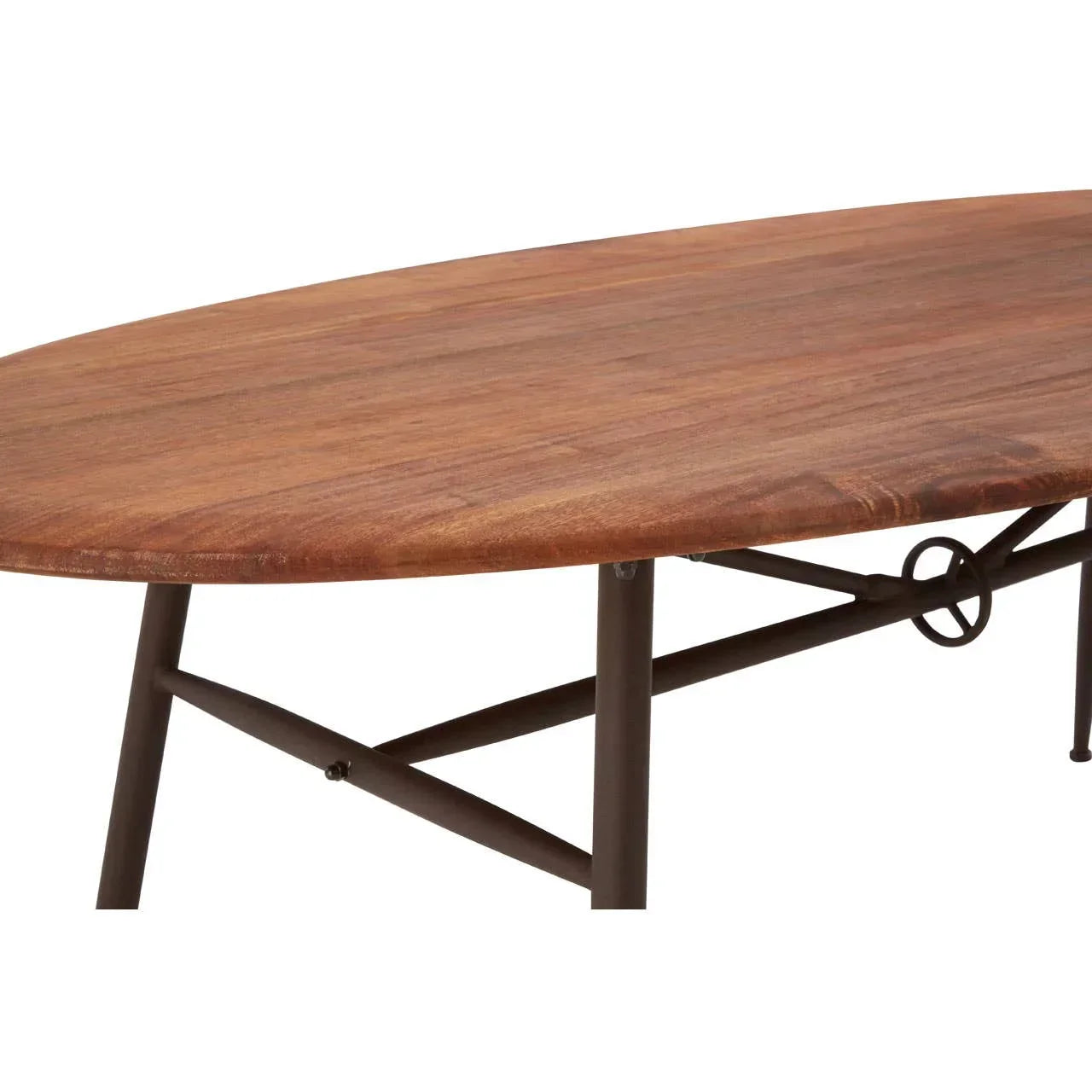 Oval wooden coffee table with metal legs and crossbar support, close-up angle