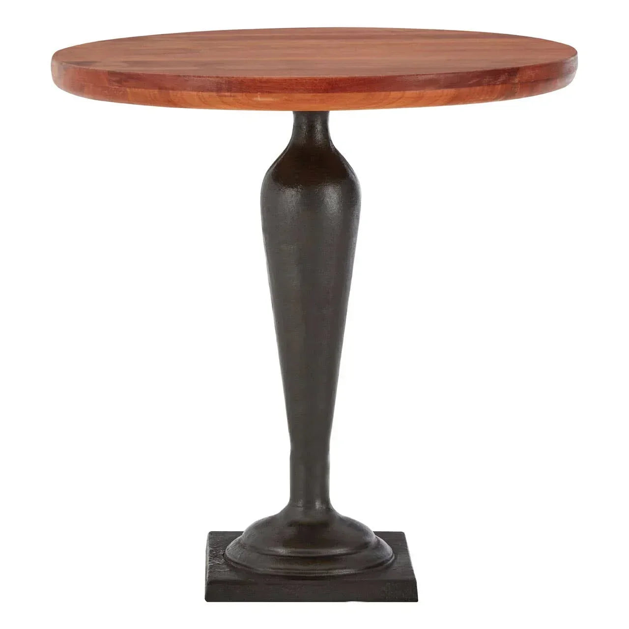 Round wooden side table with black metal pedestal base on white background
