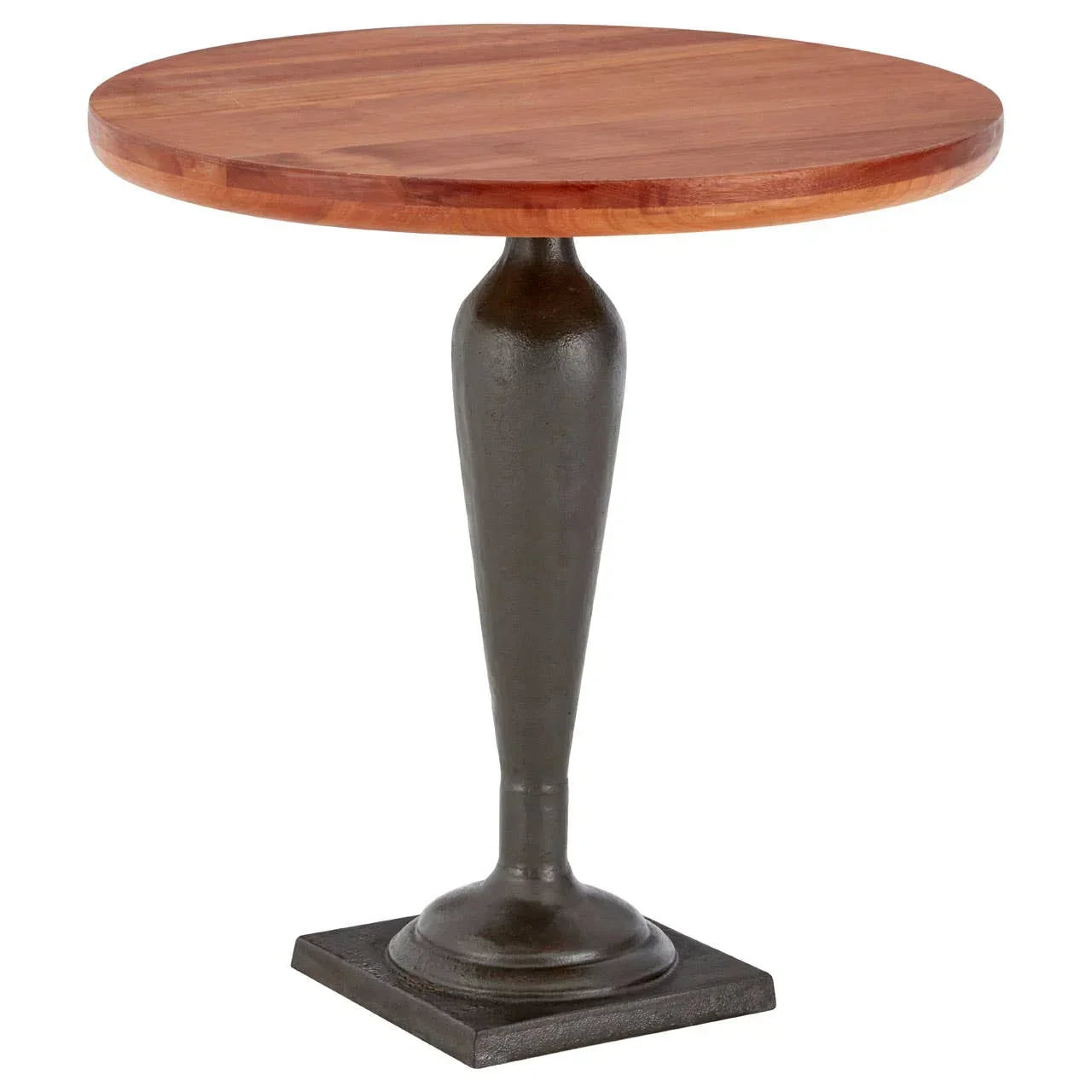 Round wooden side table with black metal pedestal base on white background