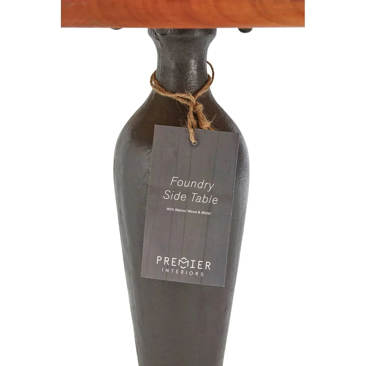 Foundry side table metal base with walnut wood tabletop and product tag
