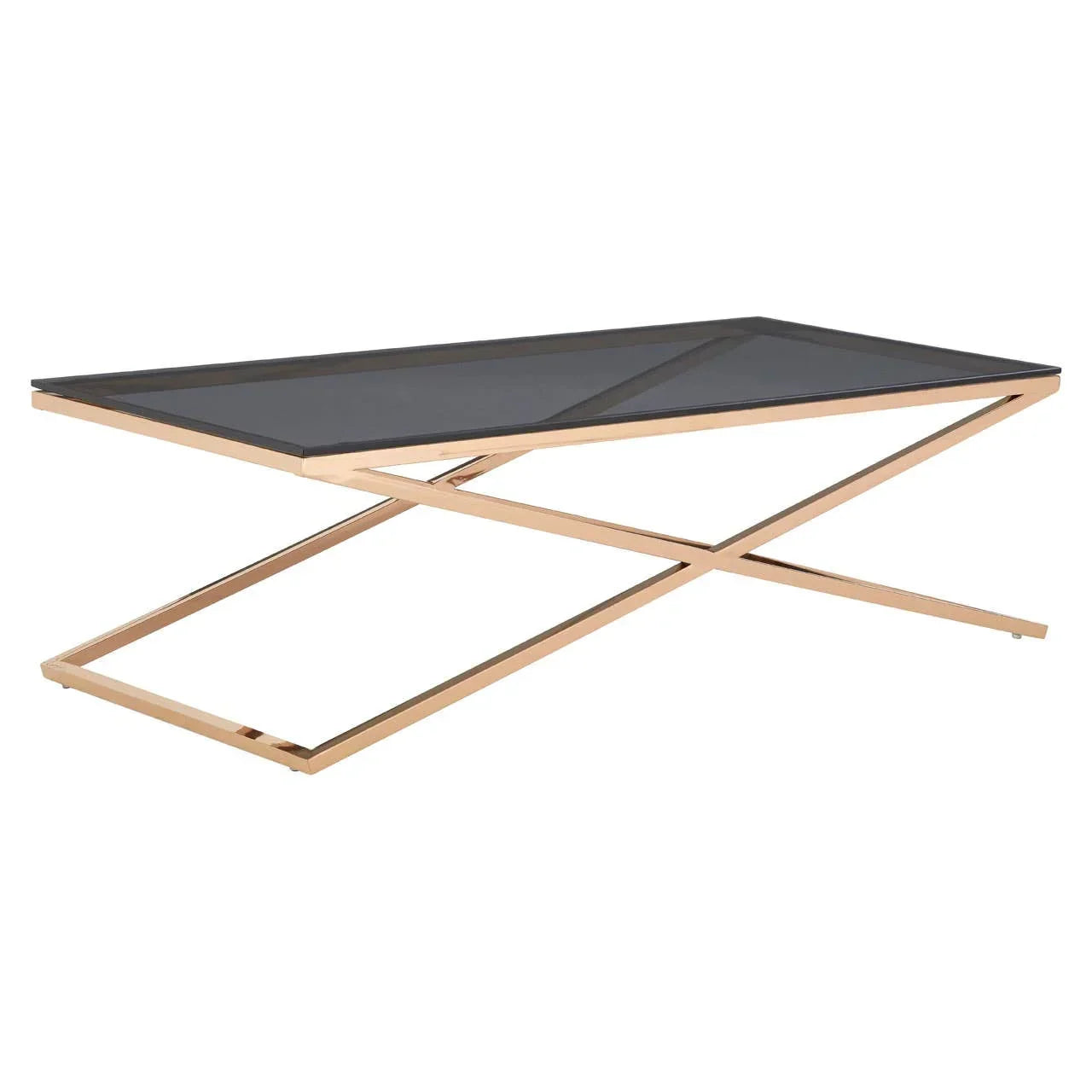 Glass top coffee table with gold metal frame and modern crossed leg design