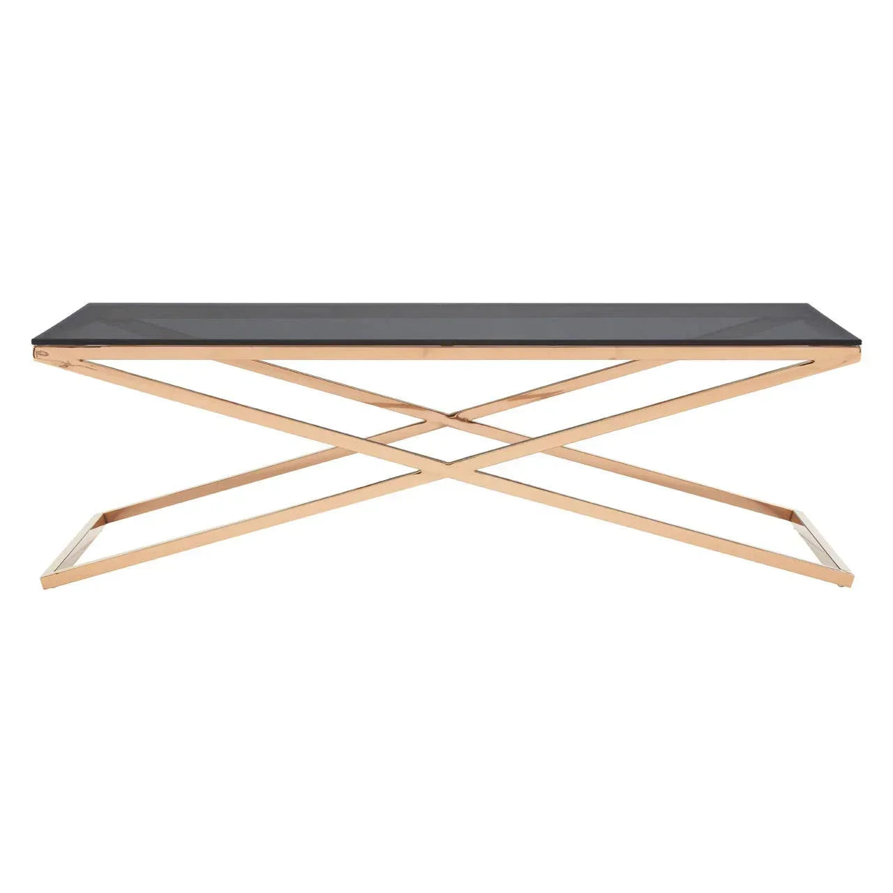 Black glass coffee table with gold metal cross frame, side view