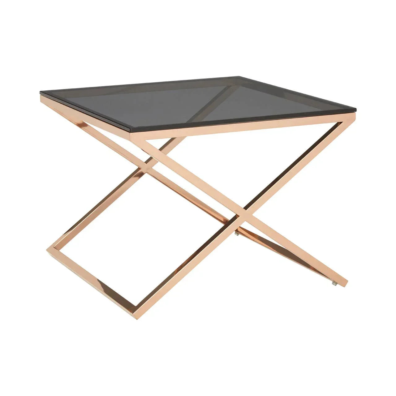 Square glass top side table with gold metal cross frame