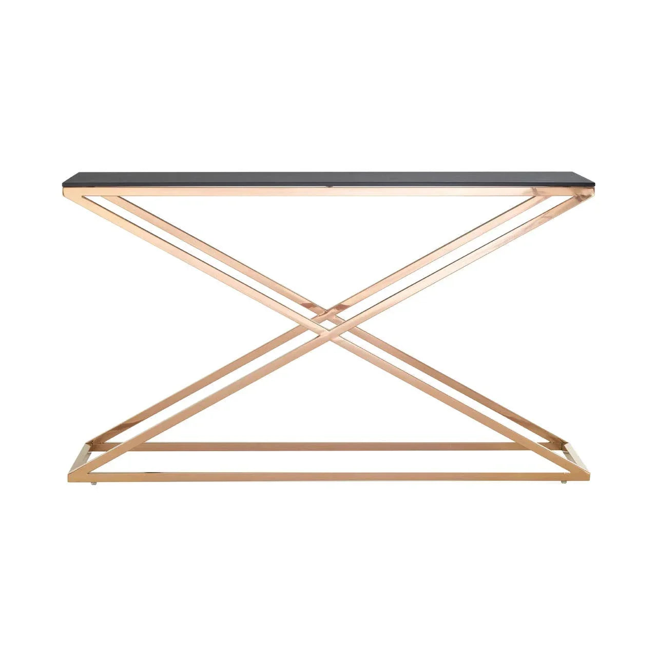 Modern console table with black top and gold metal cross-frame base