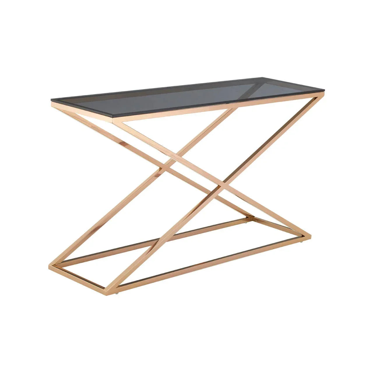 Glass top console table with gold metal frame in modern geometric design