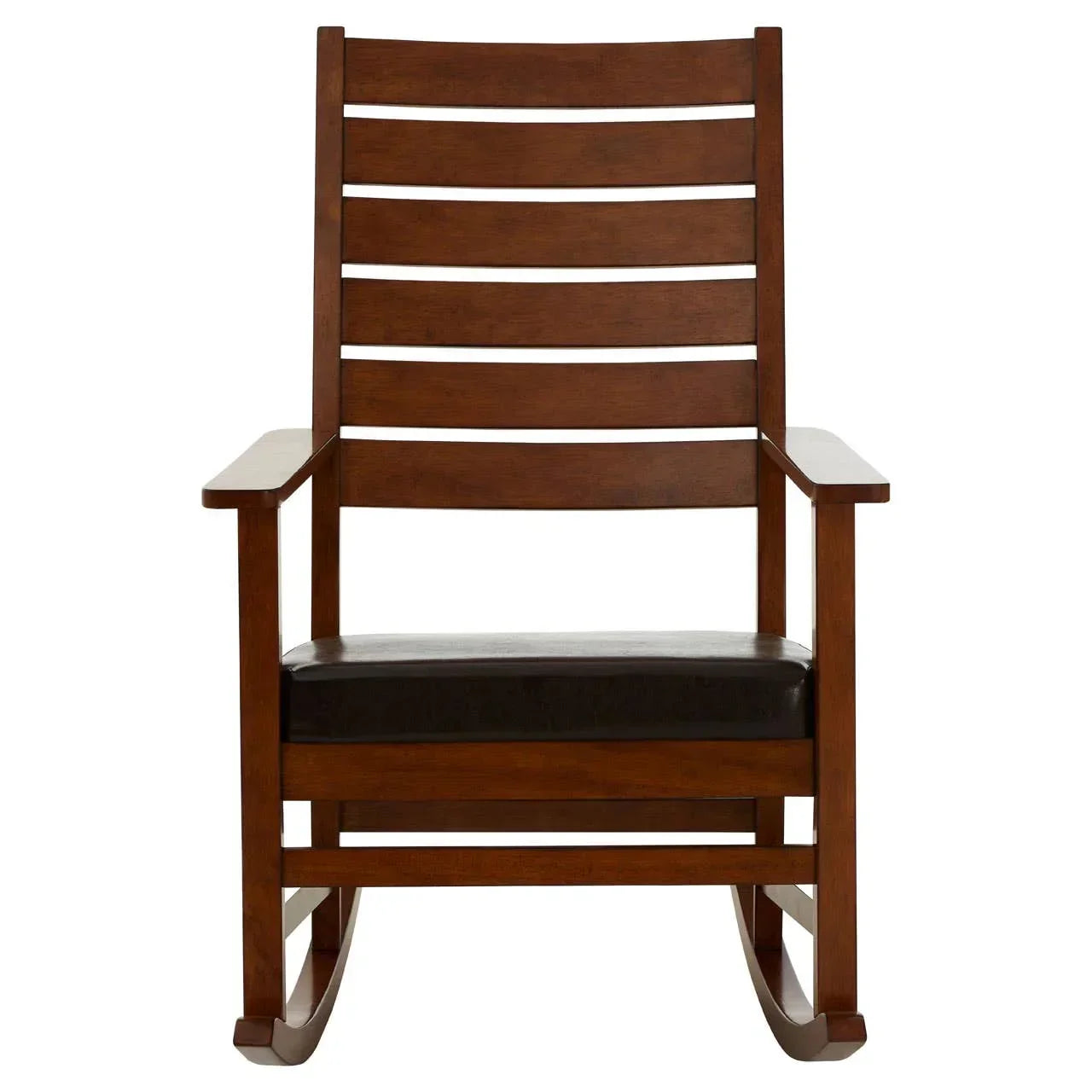 Wooden rocking chair with slatted backrest and black cushioned seat, front view