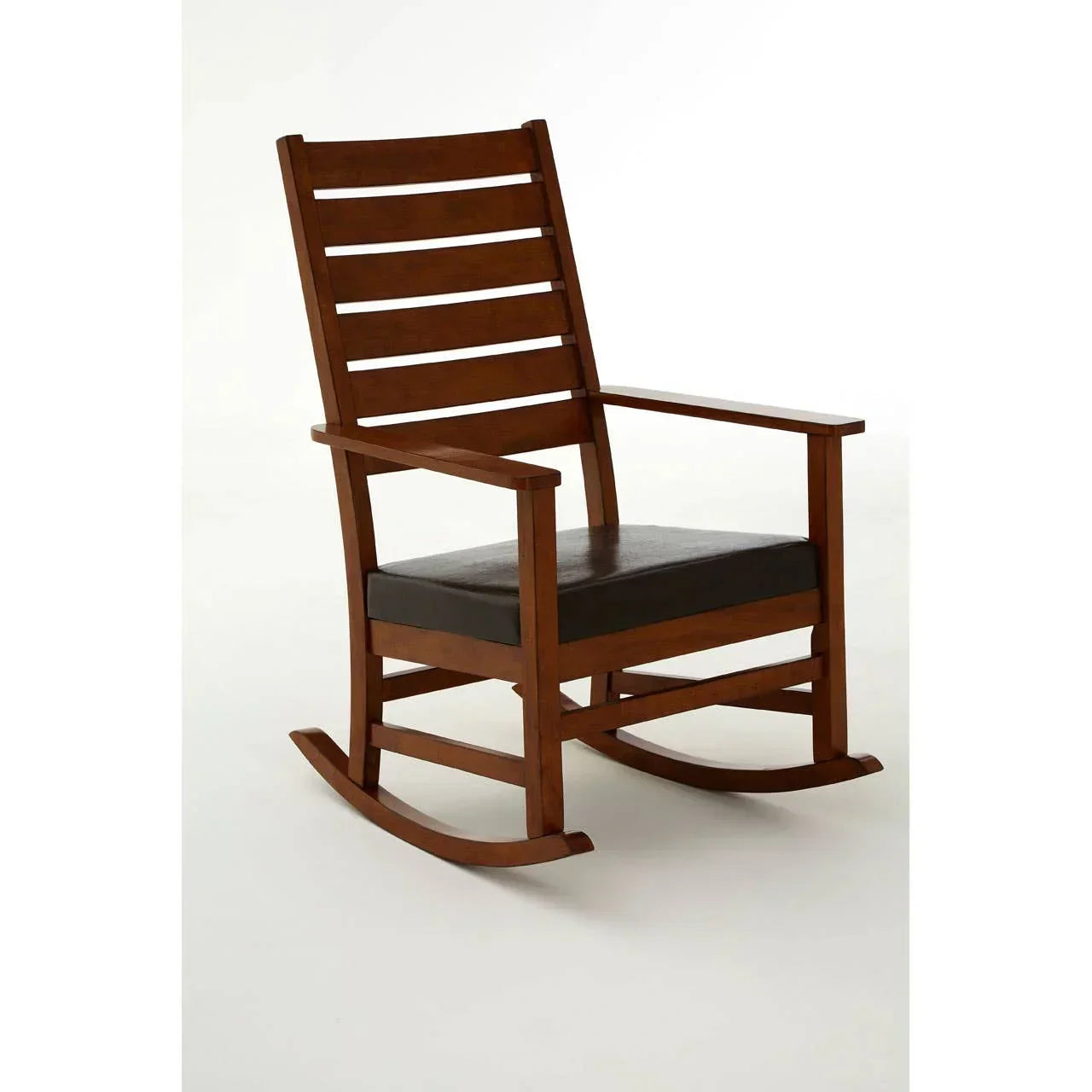 Wooden rocking chair with slatted back and black cushioned seat on white background