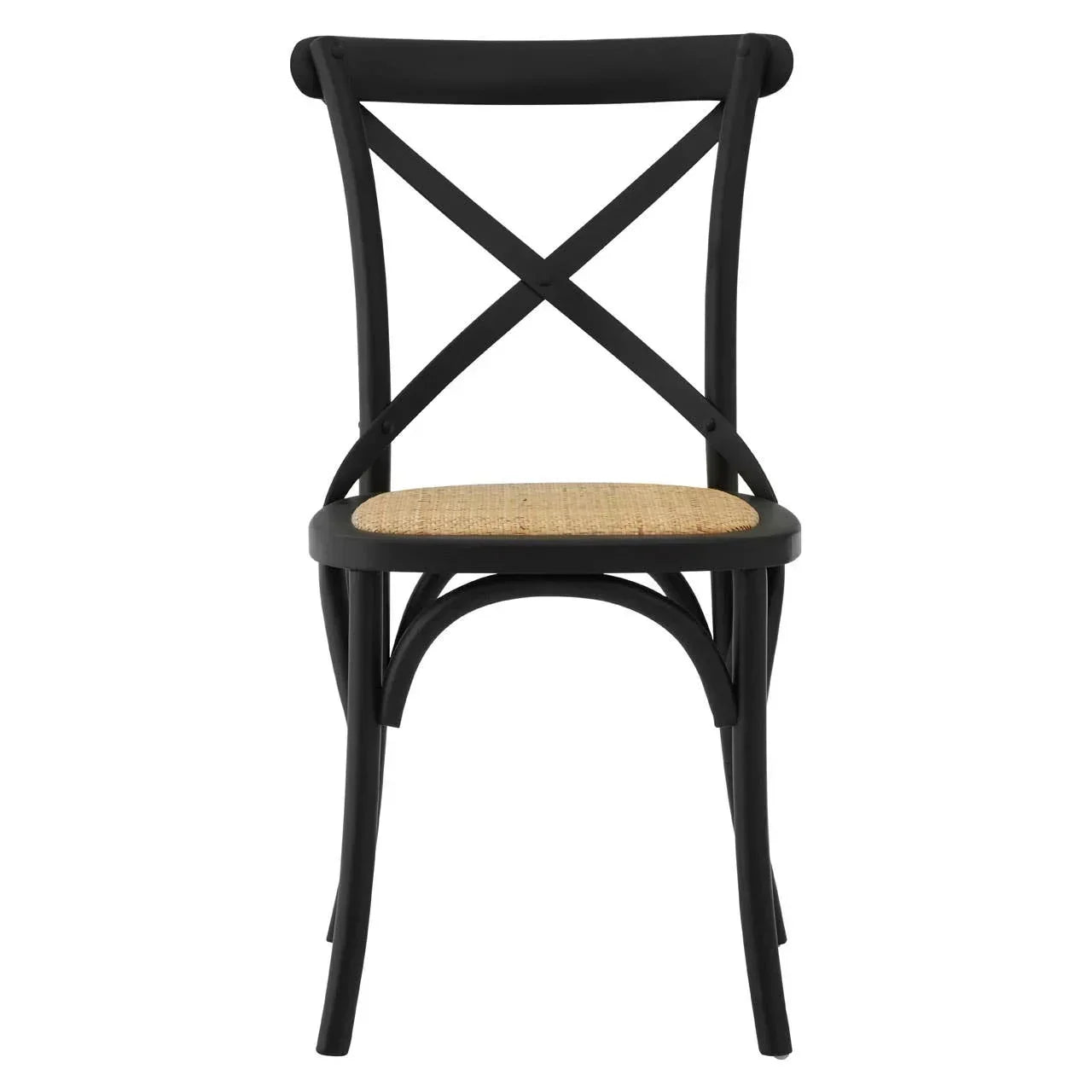 Black dining chair with X-back and woven rattan seat, front view