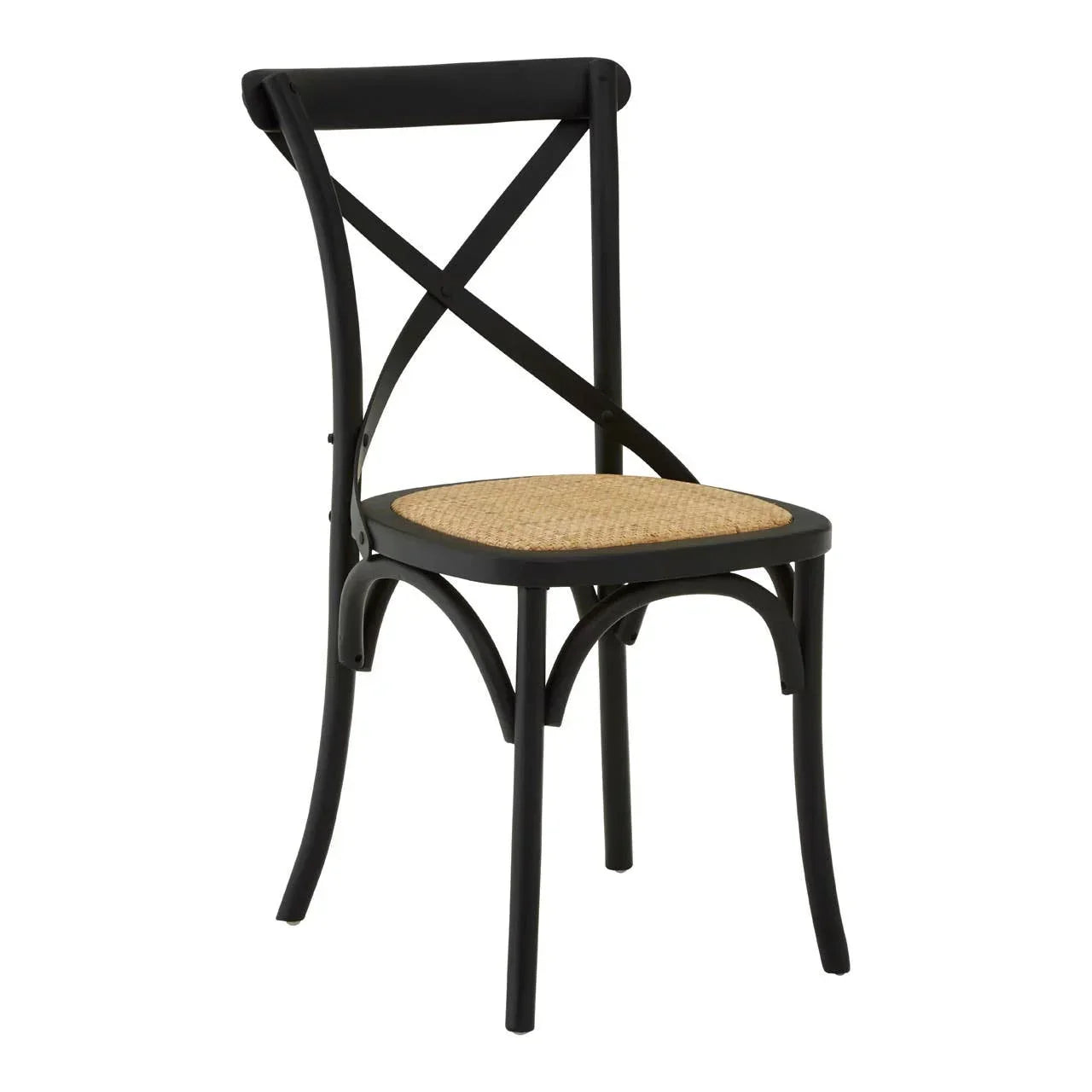 Black cross back dining chair with natural rattan seat on white background