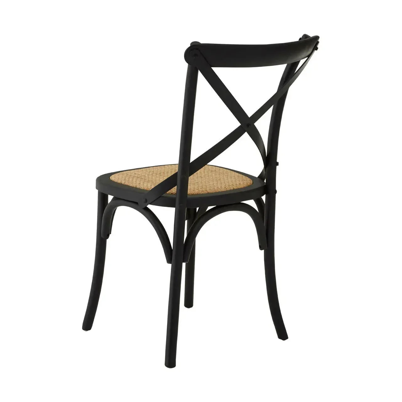 Black dining chair with rattan seat and curved cross back, rear view