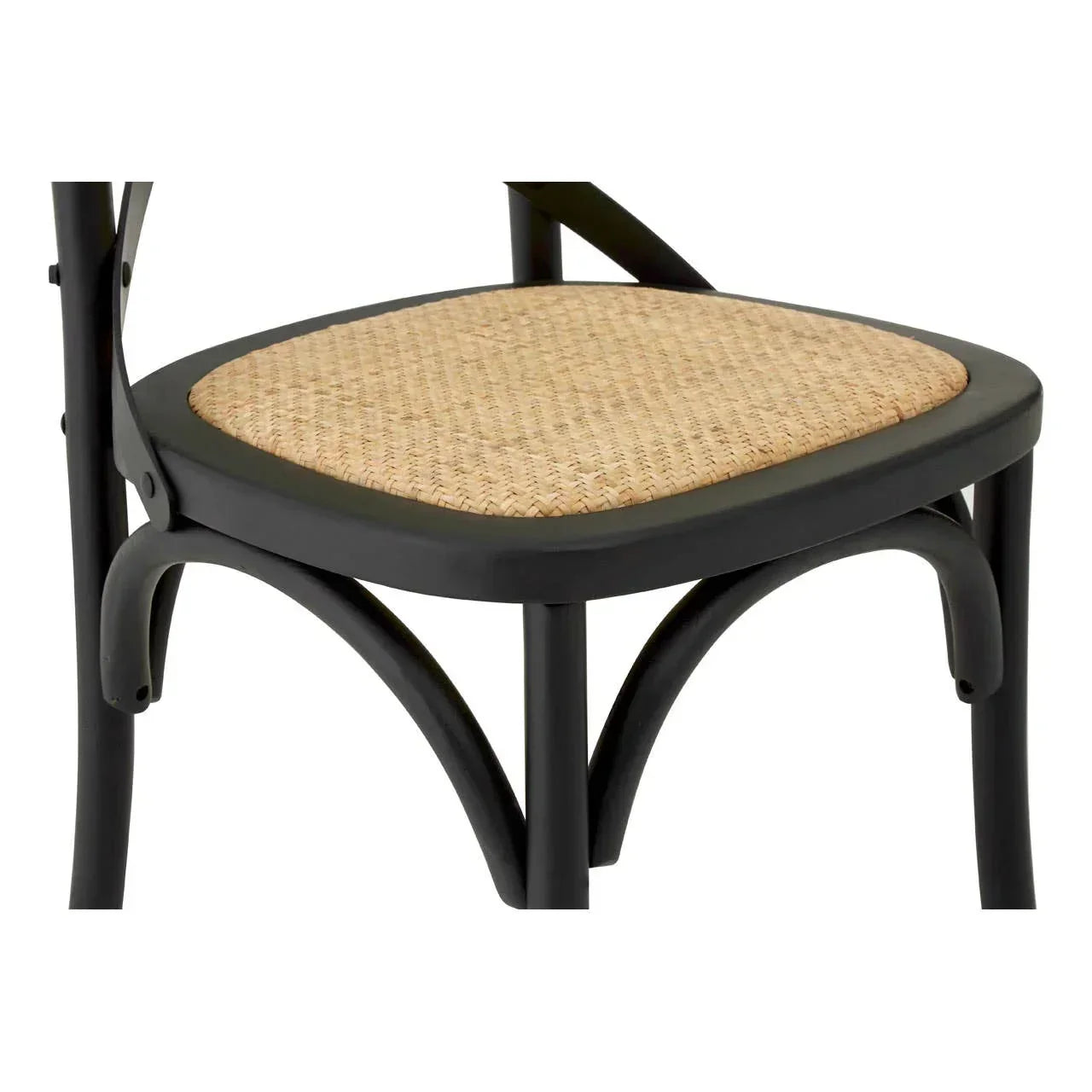 Black dining chair with woven rattan seat, close-up of frame and seat detail