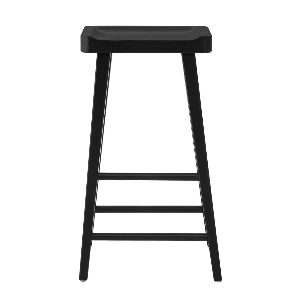 Black wooden bar stool with square seat and footrest, front view