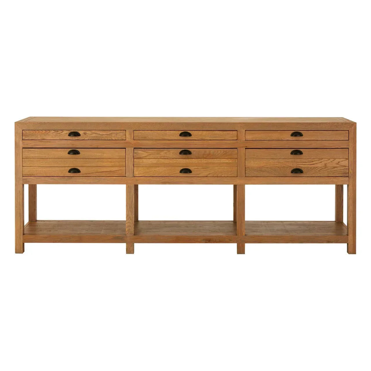 Oak sideboard with six drawers, metal handles and open lower shelf, front view