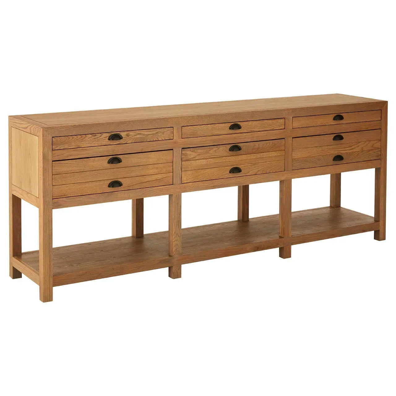Oak sideboard with six drawers and lower open shelf, black cup handles, front angle view