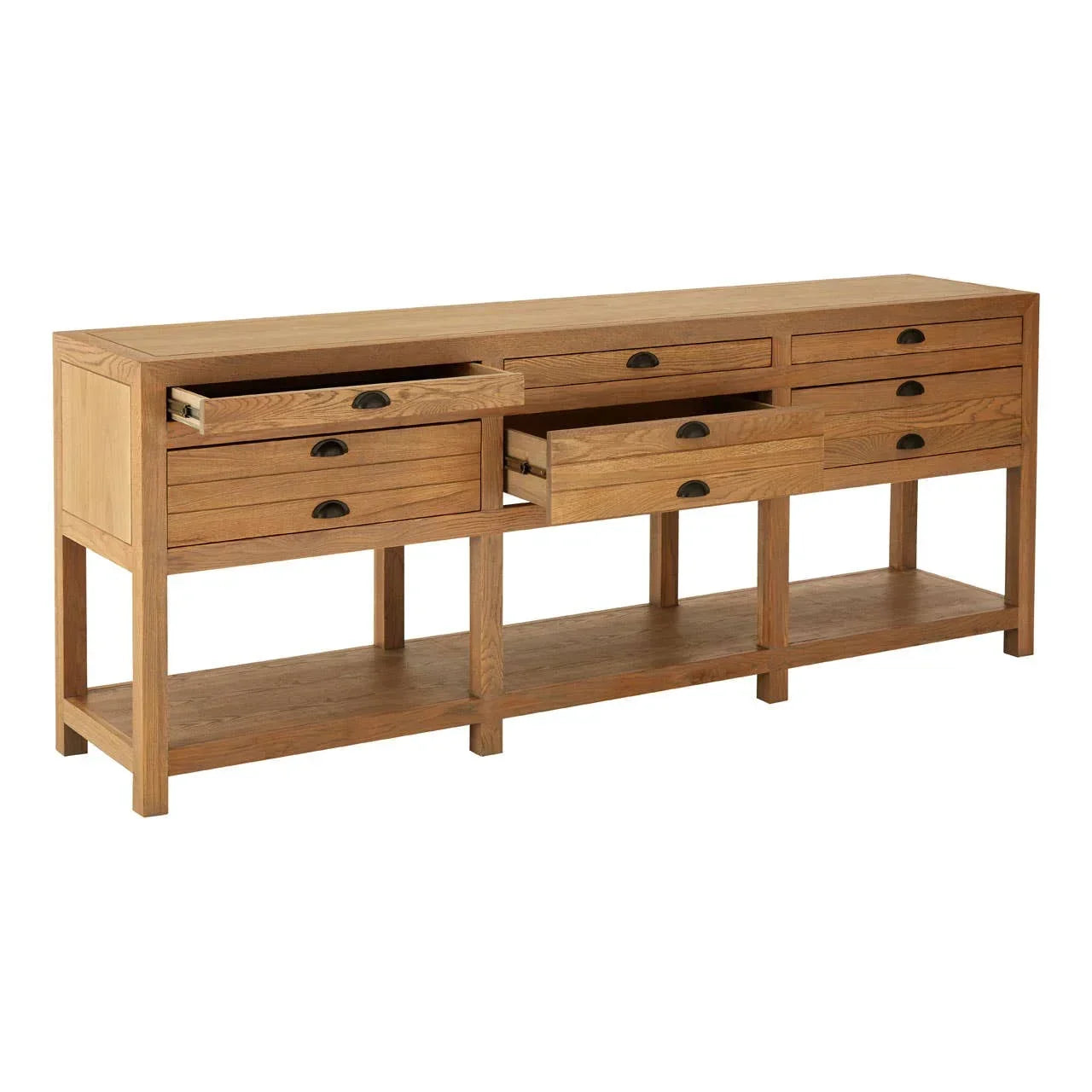 Natural oak sideboard with multiple storage drawers and open lower shelf