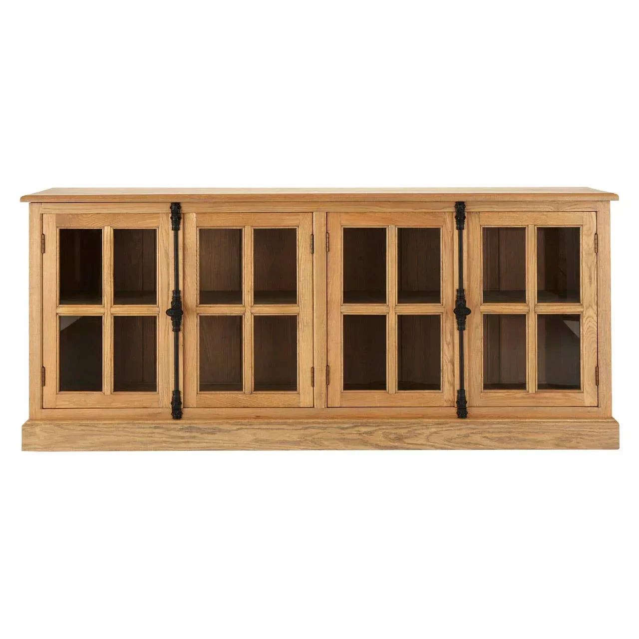 Oak sideboard with glass panel doors and black metal hinges, front view